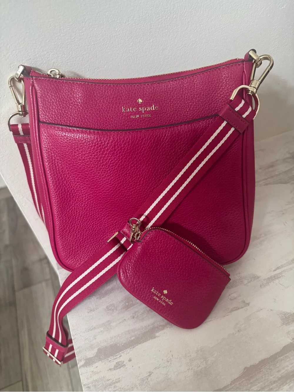 Kate Spade Hot Pink Pebbled Leather Crossbody with Striped Strap